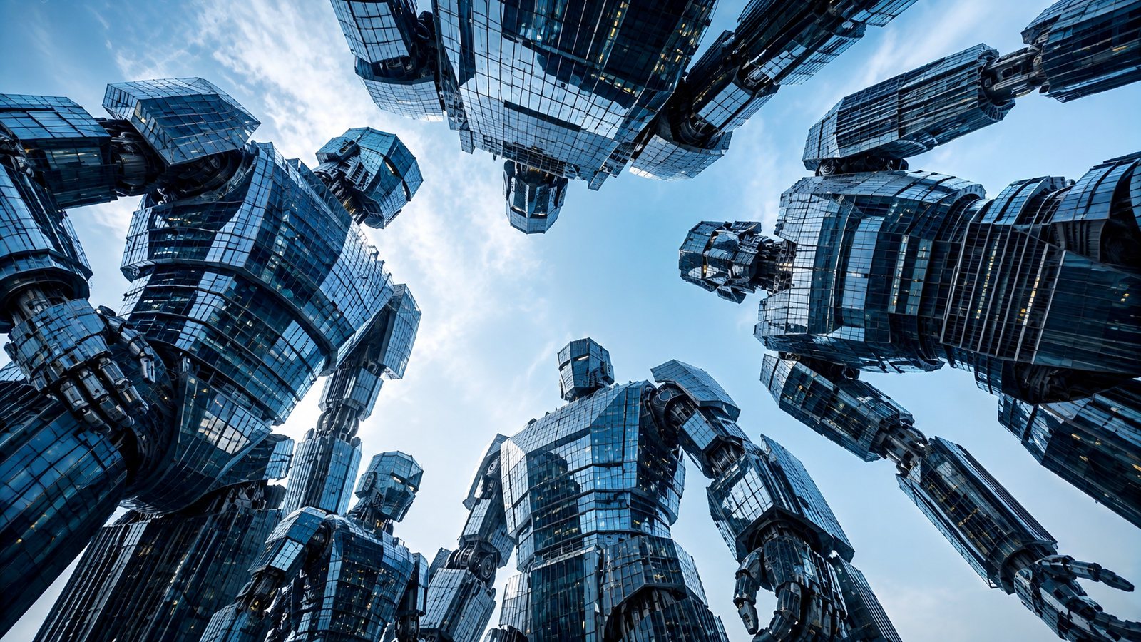 Several robotic towers seen from street level looking upward