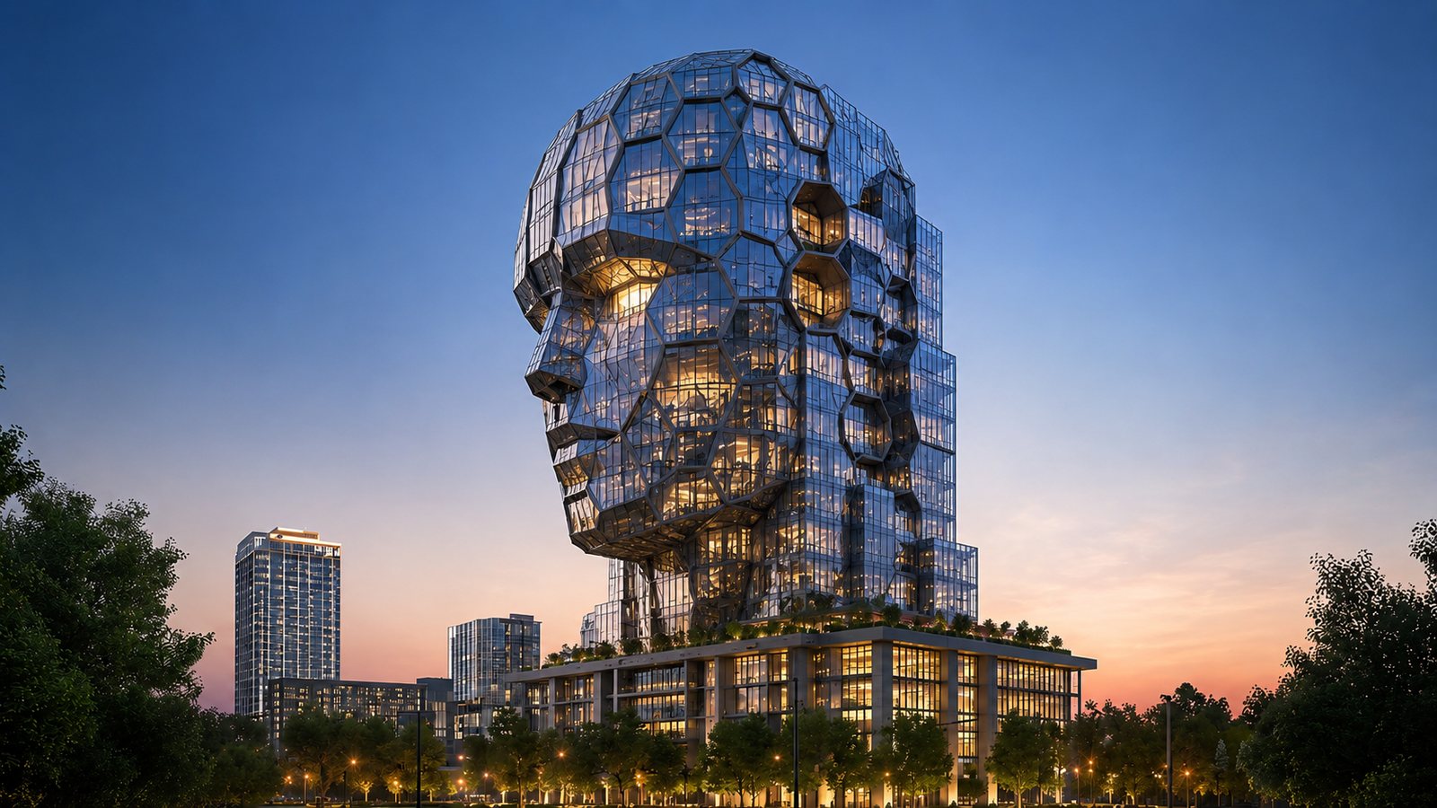 An illuminated head-shaped tower above a landscaped podium at dusk