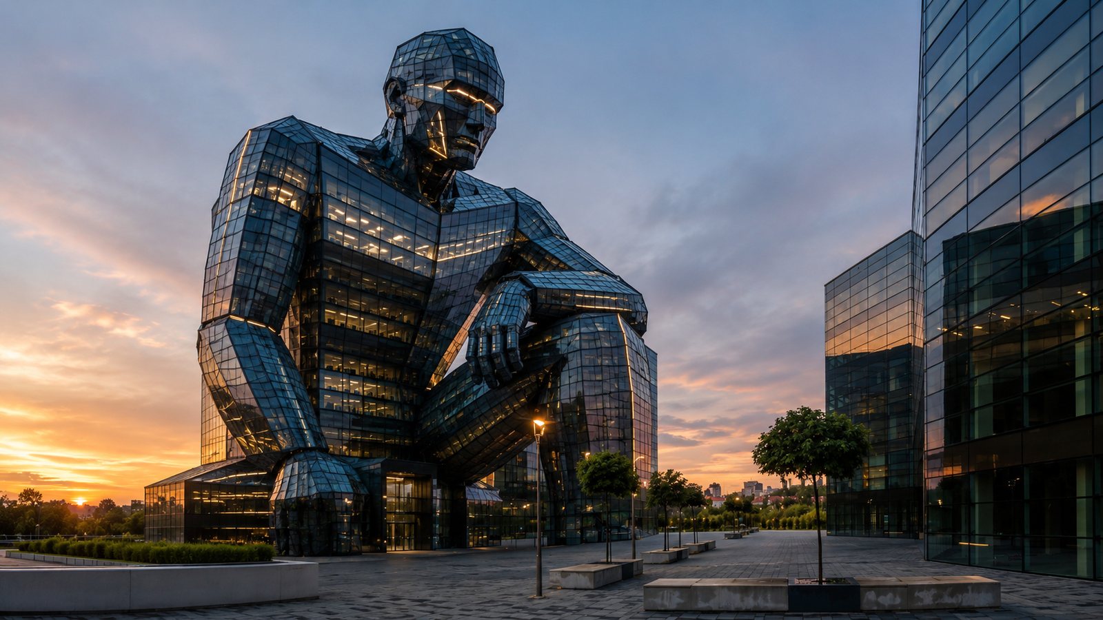A seated figure formed from glass office architecture at sunset