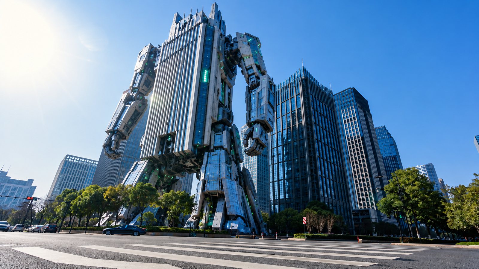 A robotic tower striding beside a city street