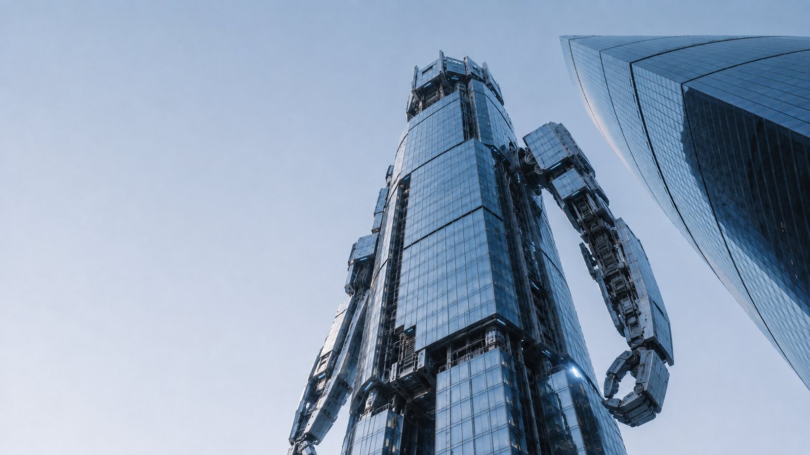 An articulated tower reaching upward beside a curved glass facade