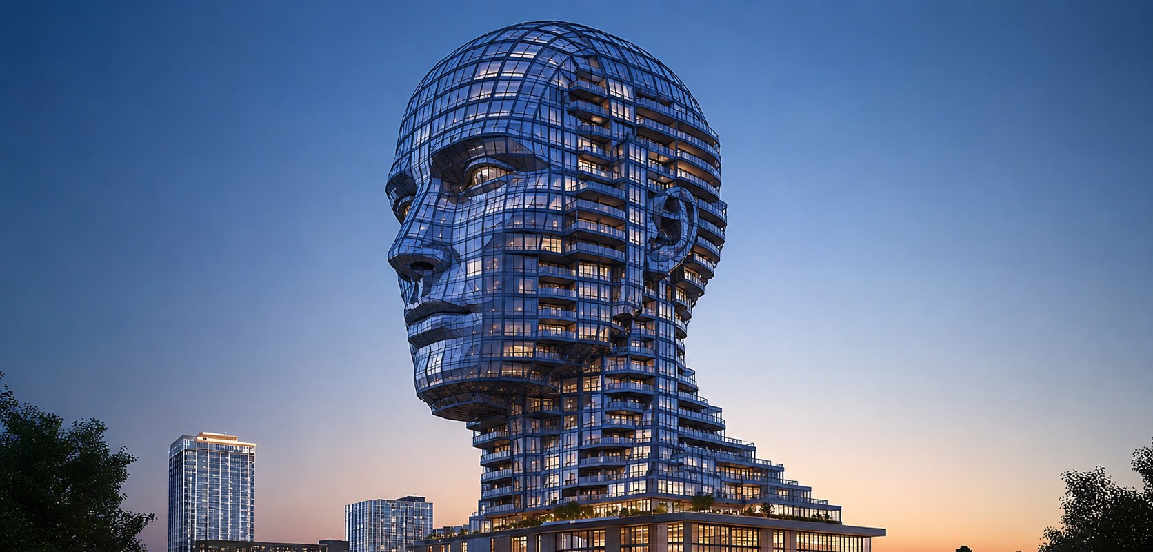 A residential tower sculpted into the shape of a human head, lit from within at blue hour