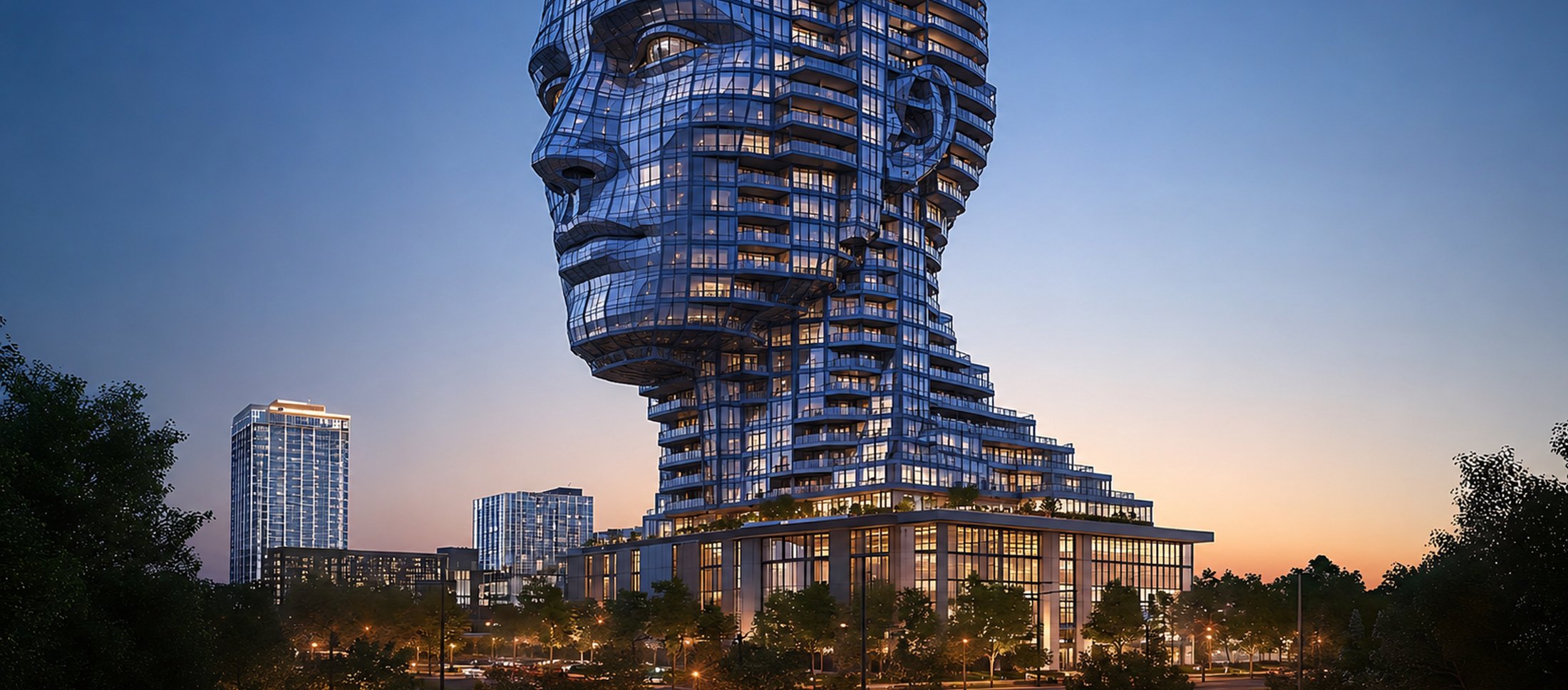 A residential tower sculpted into the shape of a human head, lit at dusk