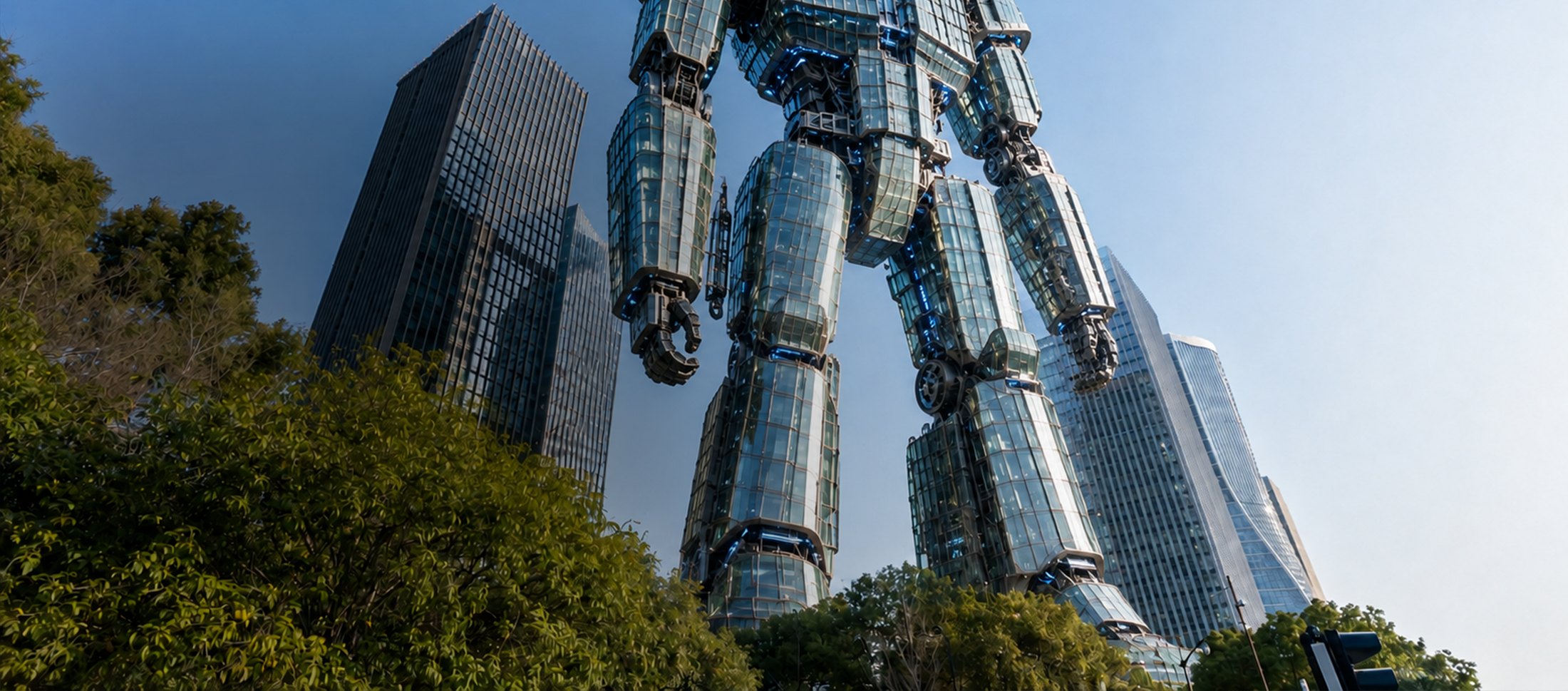 A skyscraper shaped like a towering humanoid robot standing among glass office buildings