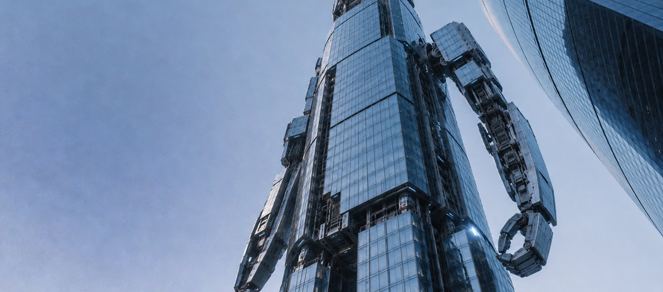A glass tower with robotic articulated limbs rising against a pale blue sky
