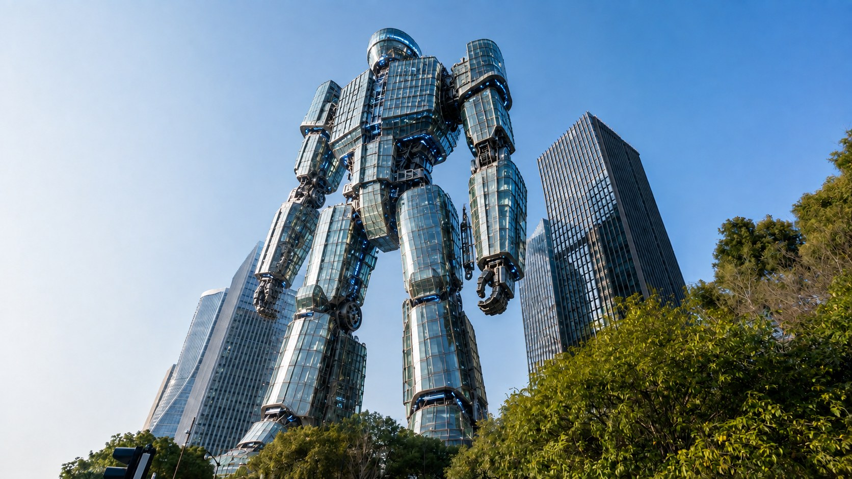 A skyscraper built in the form of a standing humanoid robot, seen in full against a clear sky